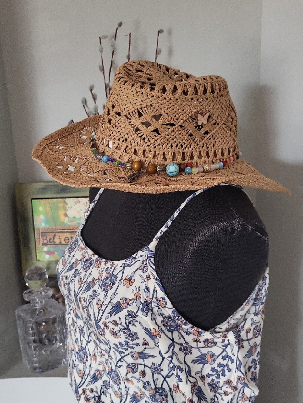 Western Cowgirl Straw Sun Hat with Beaded Accent - Tan - Picture 4 of 14